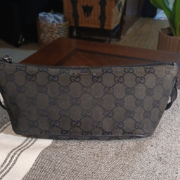 Authentic Gucci Vintage Hand Bag Pouch Purse GG Canvas Leather Black